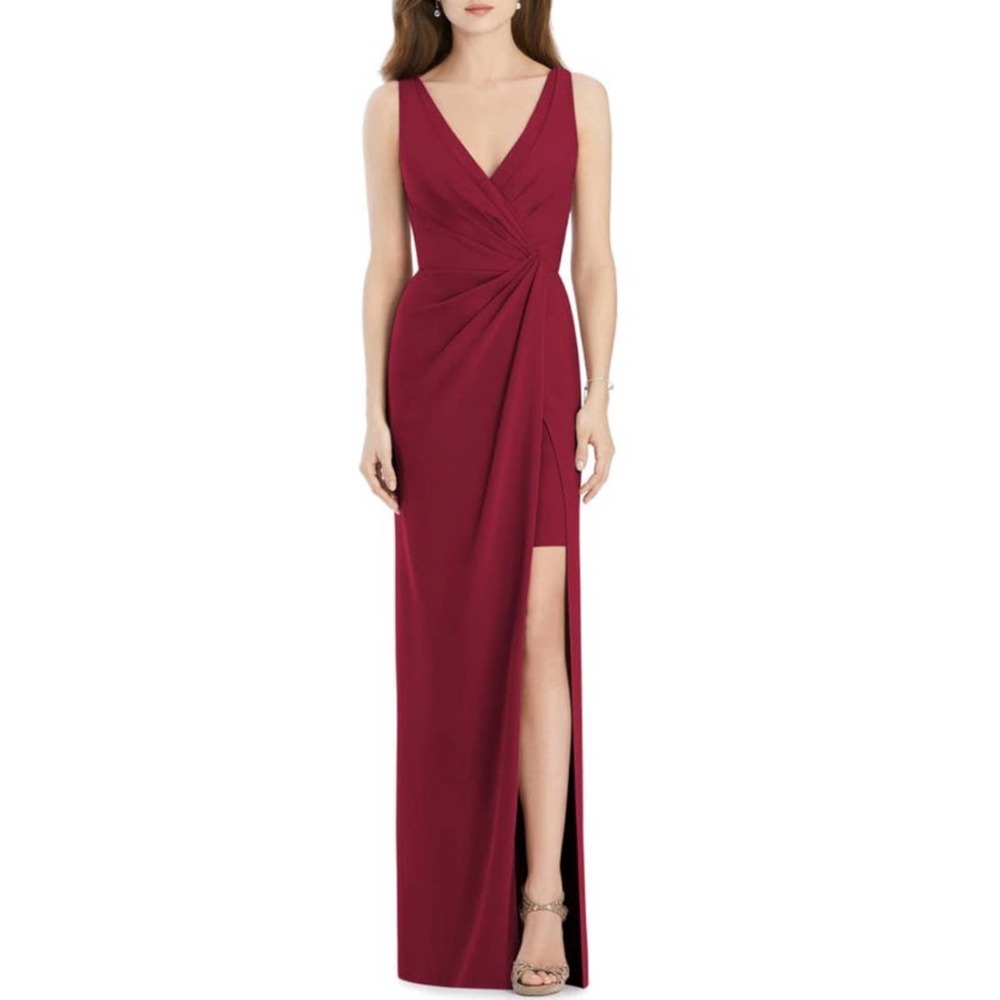 Jenny Packham V-Neck Crepe Column Gown In Burgundy Jp1013